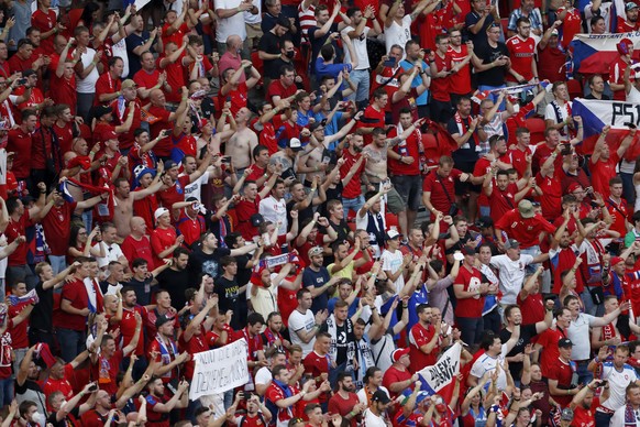Czech Republic fans celebrate their 2-0 win in the Euro 2020 soccer championship round of 16 match between the Netherlands and Czech Republic at the Ferenc Puskas stadium in Budapest, Sunday, June 27, ...