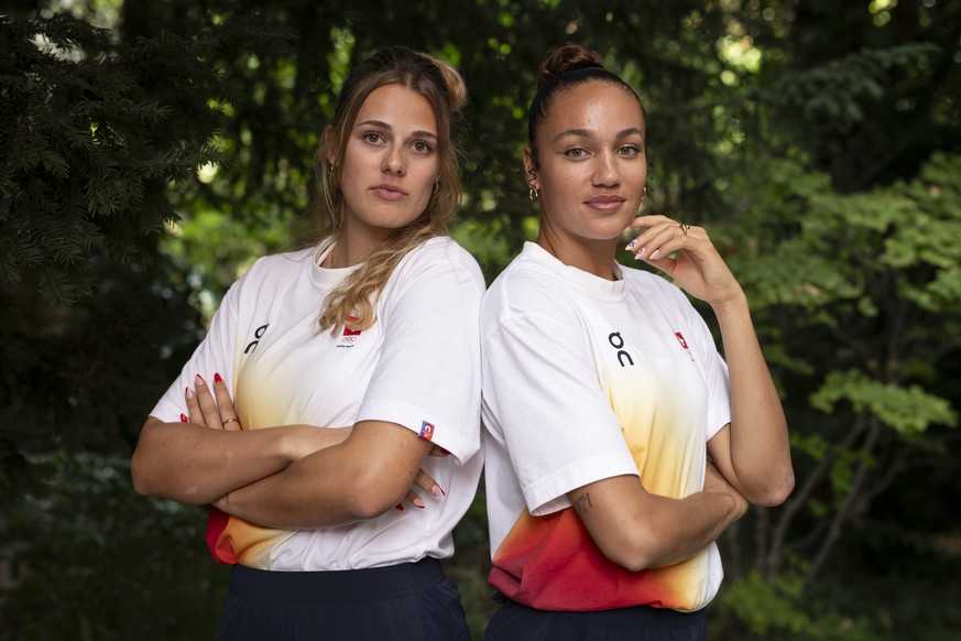 Swiss beach volleyball athletes Esmee Boebner, left, and Zoe Verge-Depre, right, pose at the Maison Suisse during a press conference, prior to the 2024 Paris Summer Olympics in Paris, France, Wednesda ...
