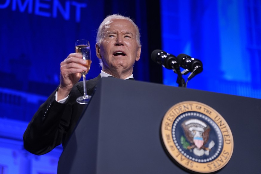 President Joe Biden makes a toast to a free press at the White House Correspondents&#039; Association Dinner at the Washington Hilton, Saturday, April 27, 2024, in Washington. (AP Photo/Manuel Balce C ...