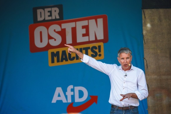 epa11575649 Bjoern Hoecke, far-right Alternative for Germany (AfD) party faction chairman in the regional parliament of Thuringia and top candidate for the upcoming 2024 Thuringia state election speak ...