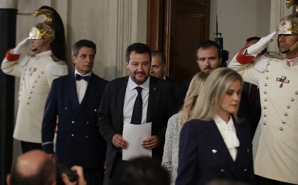 The League party leader Matteo Salvini leaves after meeting Italian President Sergio Mattarella, in Rome, Thursday, Aug. 22, 2019. President Sergio Mattarella continued receiving political leaders Thu ...