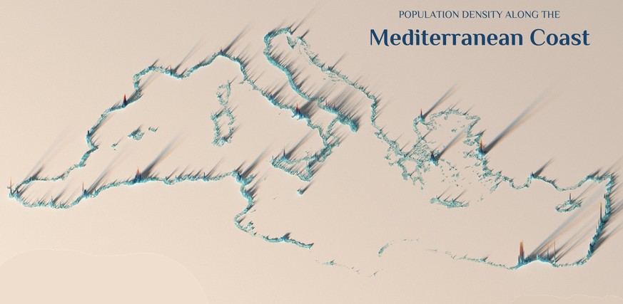 Die Bevölkerungsdichte rund um das Mittelmeer.