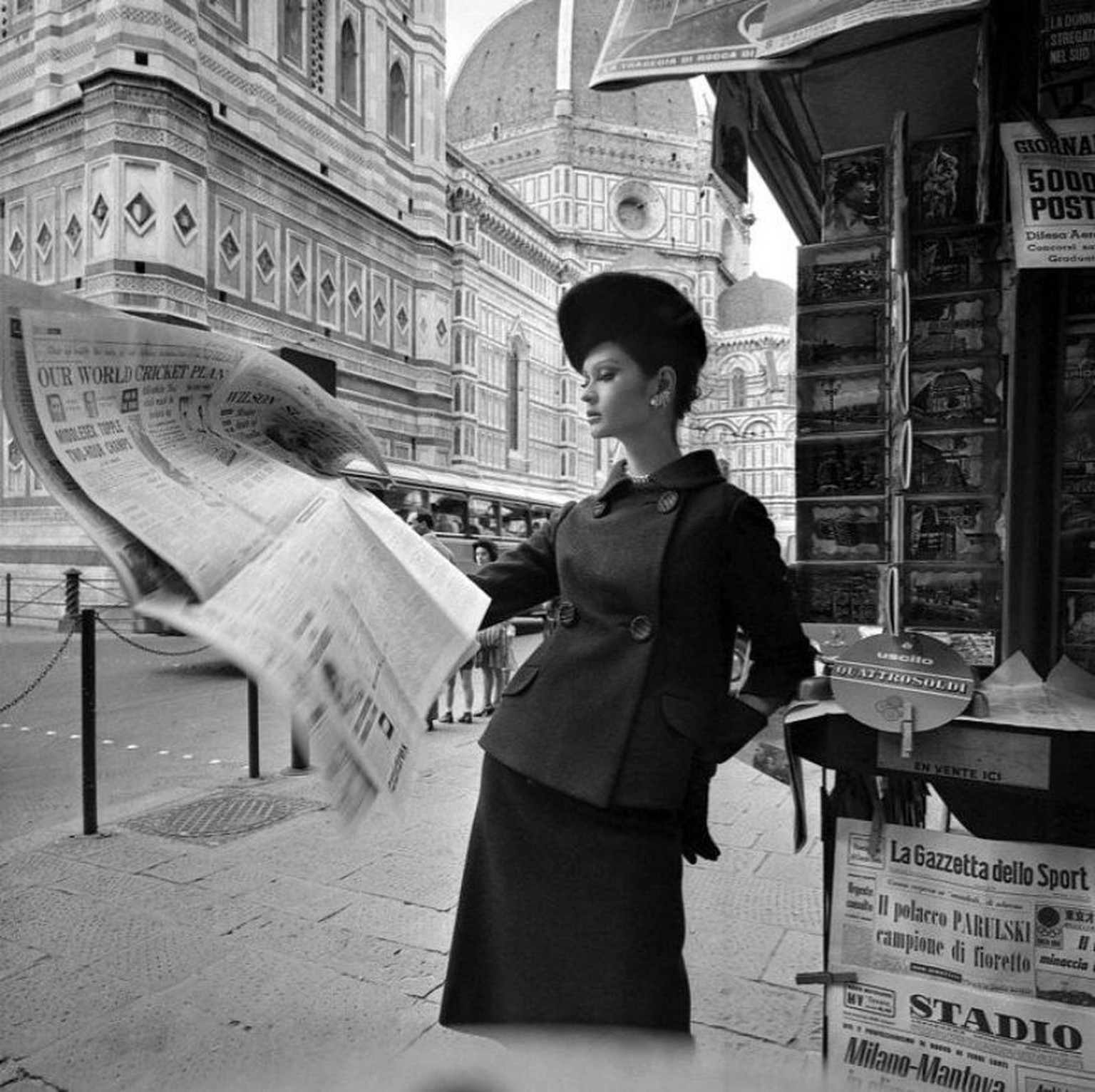 Celia Hammond in a fashion shot for Vogue, photo by Brian Duffy, Florence, Italy, 1962
