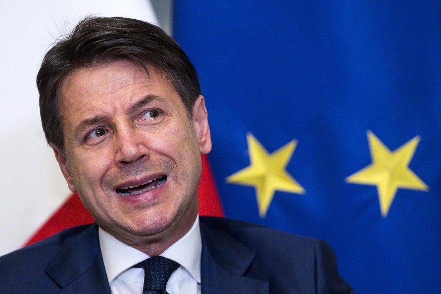 epa06935129 Italian Prime Minister Giuseppe Conte during his press conference at Chigi Palace in Rome, Italy, 08 August 2018. Giuseppe Conte said that his government&#039;s 2019 budget will be bold ah ...