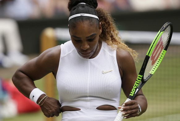 United States&#039; Serena Williams reacts after losing a point to Romania&#039;s Simona Halep during the women&#039;s singles final match on day twelve of the Wimbledon Tennis Championships in London ...