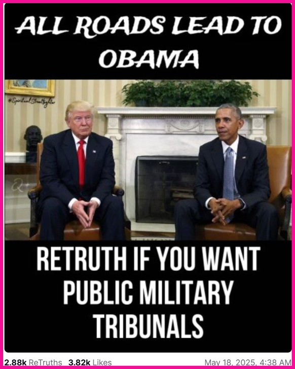So sieht der Post aus, wenn man ihn anklickt: Trump teilte dieses Meme unkommentiert. Es fordert ein öffentliches Militärtribunal für Präsident Barack Obama.