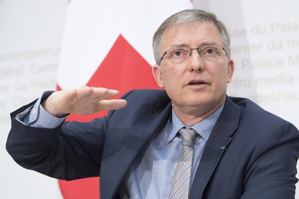 In this May 2, 2017 photo Markus Seiler, Director FIS, The Federal Intelligence Service, speaks about &quot;Security Switzerland&quot;, the annual report of the Federal intelligence service Bern, Swit ...