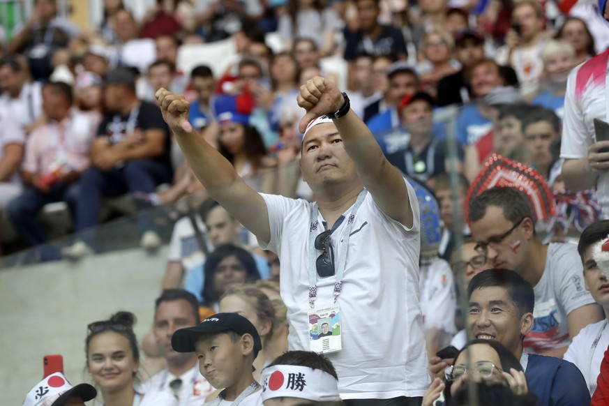 A soccer fan reacts during the group H match between Japan and Poland at the 2018 soccer World Cup at the Volgograd Arena in Volgograd, Russia, Thursday, June 28, 2018. (AP Photo/Andrew Medichini)