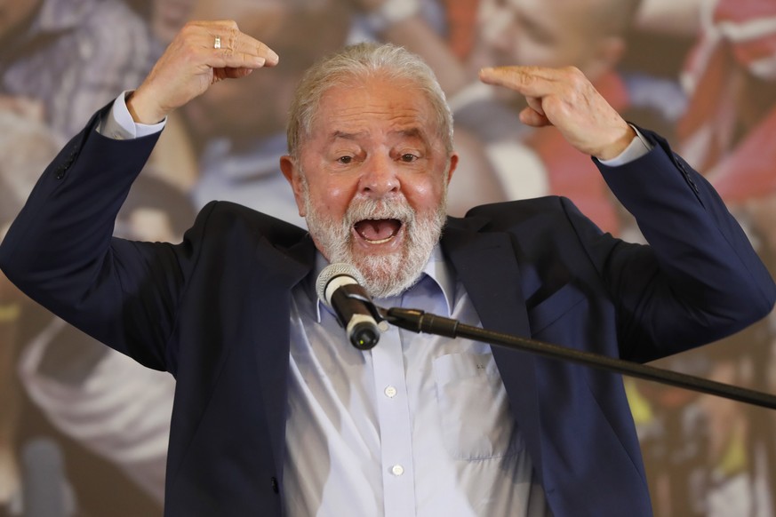 Former Brazilian President Luiz Inacio Lula da Silva speaks at the Metalworkers Union headquarters in Sao Bernardo do Campo, Sao Paulo state, Brazil, Wednesday, March 10, 2021, after a judge threw out ...