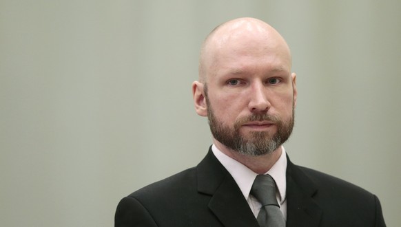 epa09691484 (FILE) - Anders Behring Breivik attends the last day of the appeal case in the Borgarting Court of Appeal at the Telemark prison gym, in Skien, Norway, 18 January 2017 (reissued 17 January ...