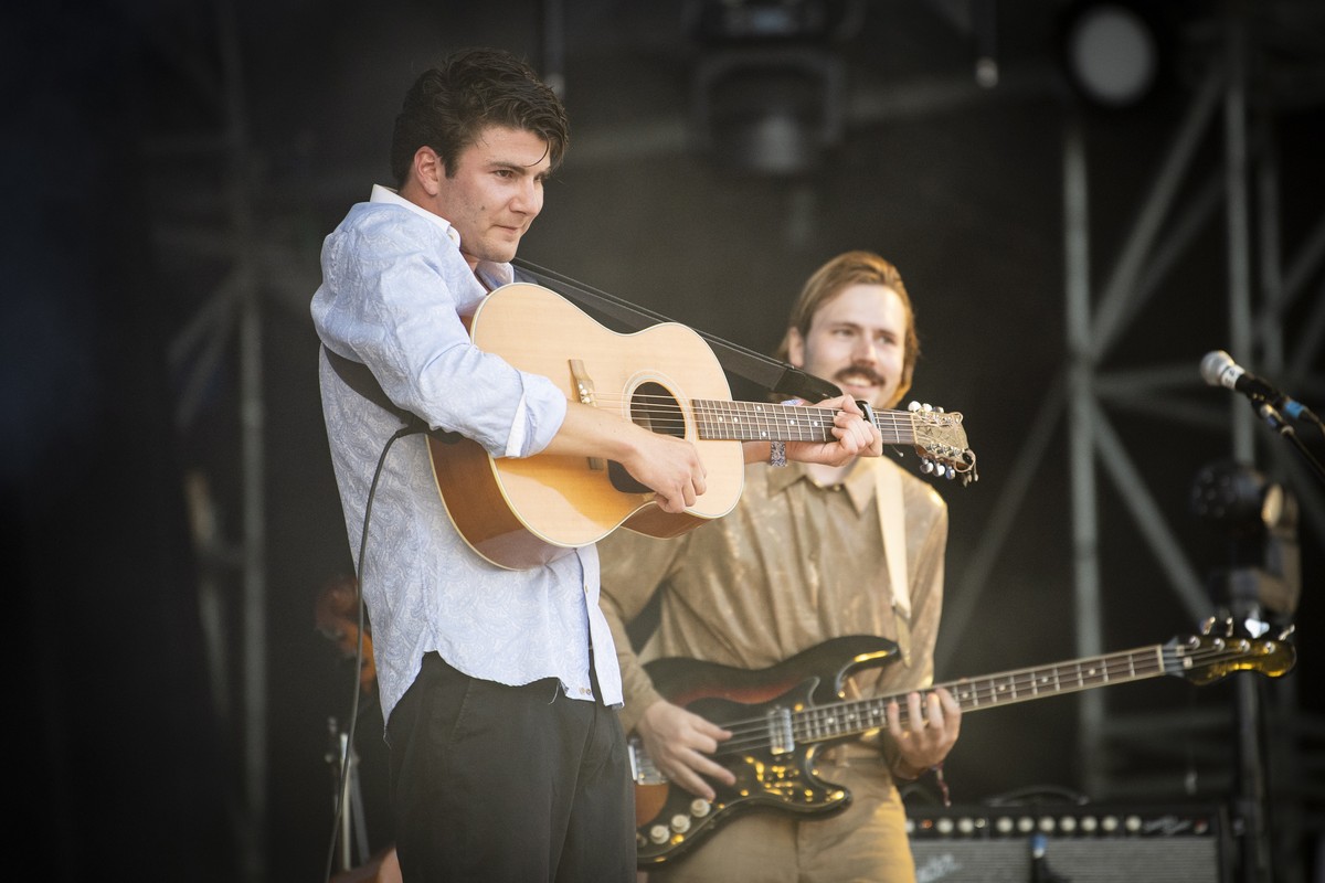 epa07680546 Julian Pollina alias Faber (L) performs on the second day of the 43rd Openair St. Gallen festival, in St. Gallen, Switzerland, 28 June 2019. The music festival takes place from 27 to 30 Ju ...