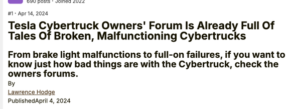 https://www.equinoxevforum.com/threads/tesla-cybertruck-owners-forum-is-already-full-of-tales-of-broken-malfunctioning-cybertrucks.1210/