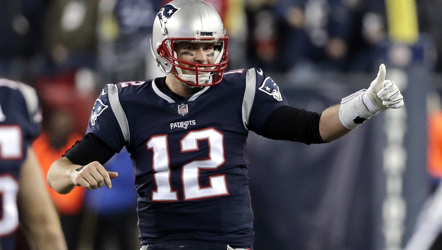 New England Patriots quarterback Tom Brady reacts during the second half of the AFC championship NFL football game against the Jacksonville Jaguars, Sunday, Jan. 21, 2018, in Foxborough, Mass. (AP Pho ...