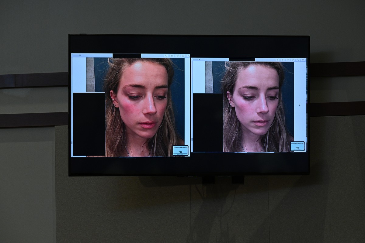 epa09953094 Evidence showing pictures of US actress Amber Heard appear on a screen during the Depp vs Heard defamation trial at the Fairfax County Circuit Courthouse in Fairfax, Virginia, USA, 17 May  ...