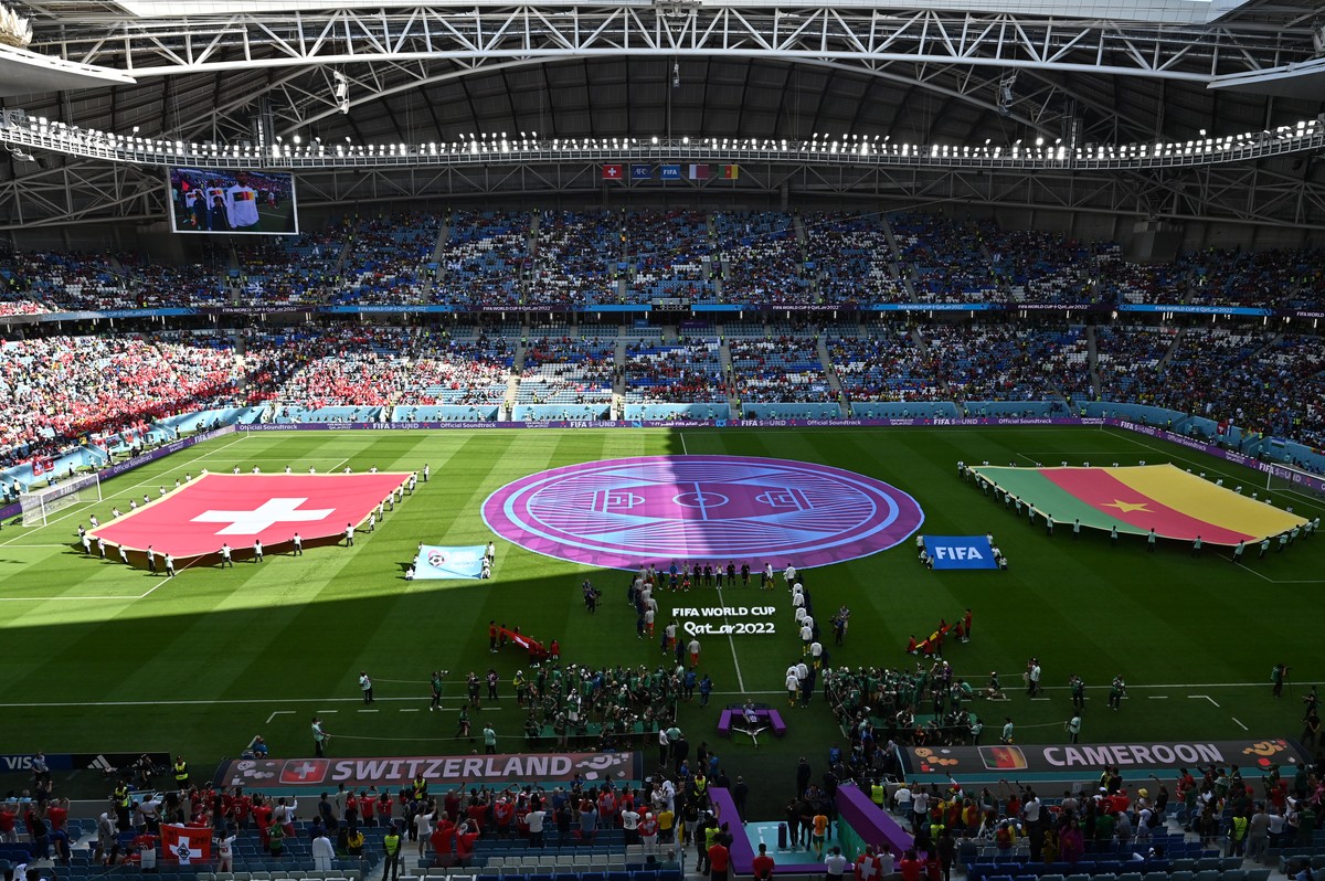 epa10324326 General view prior the FIFA World Cup 2022 group G soccer match between Switzerland and Cameroon at Al Janoub Stadium in Al Wakrah, Qatar, 24 November 2022. EPA/Noushad Thekkayil