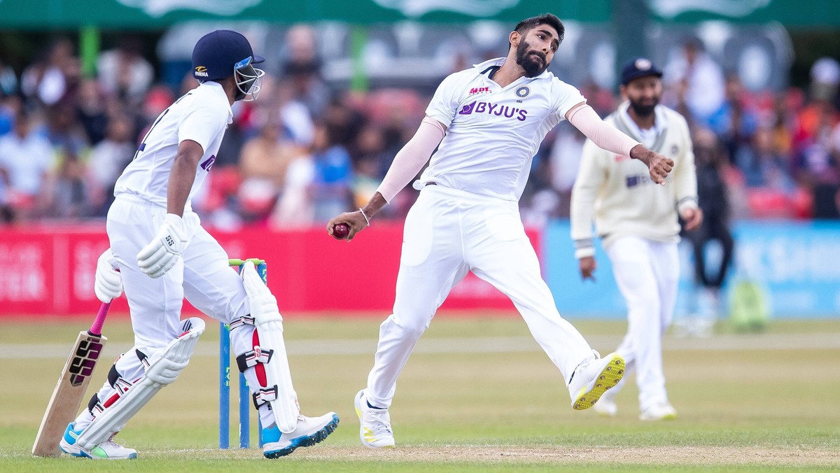 Leicestershire County Cricket Club v India Cricket Friendly 25/06/2022. Jasprit Bumrah of India bowling during the Cricket Friendly match between Leicestershire County Cricket Club and India at the Up ...