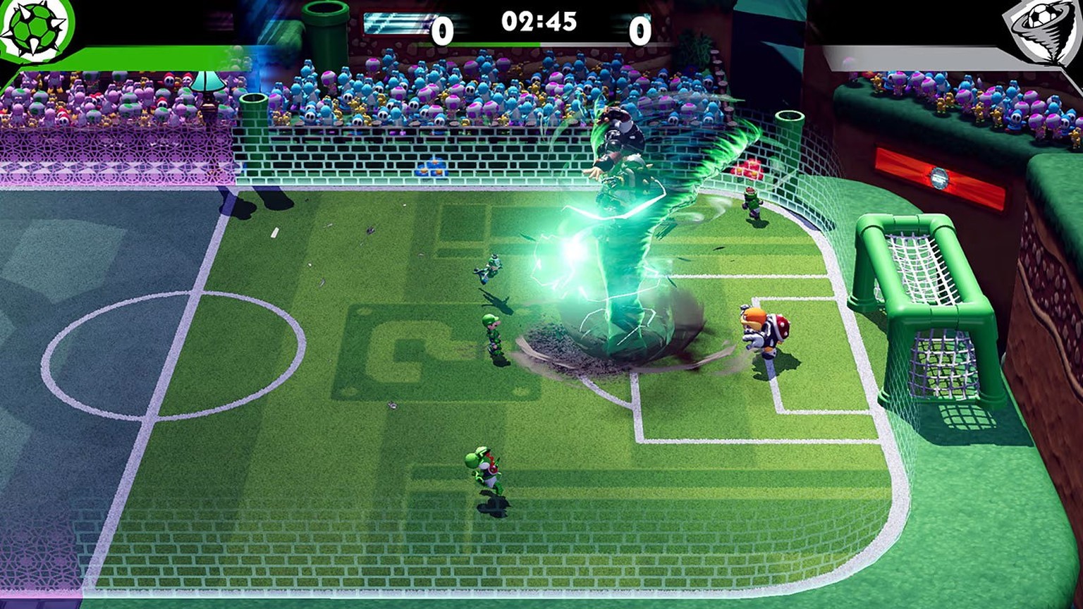 Ein Hyperschuss, der sich zu einem kleinen Tornado entwickelt. Willkommen bei «Mario Strikers: Battle League Football».