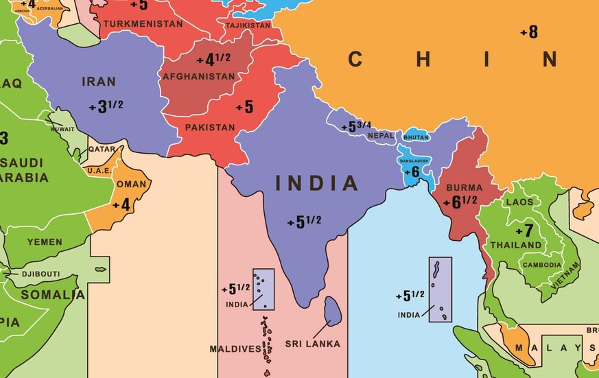 Iran, Afghanistan, Indien, Sri Lanka und Myanmar (Burma) sind die sechs Länder, welche um einige Stunden plus eine halbe Stunde von der UTC abweichen