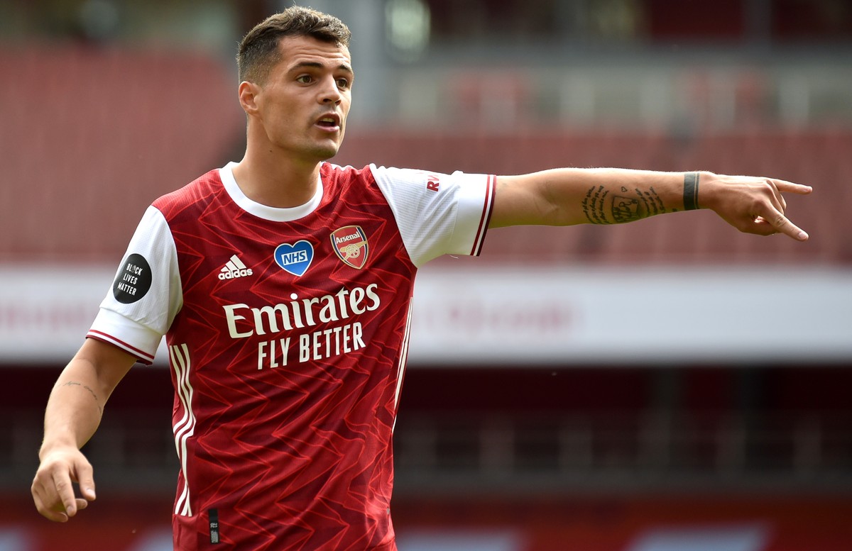 epa08567172 Arsenal's Granit Xhaka gestures during the English Premier League match between Arsenal London and Watford in London, Britain, 26 July 2020. EPA/Rui Vieira/NMC/Pool EDITORIAL USE ONLY ...