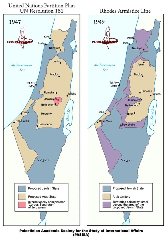 Vergleich des im Teilungsplan vorgesehenen jüdischen Staats mit Israel nach dem Waffenstillstand 1949. 
https://www.palestineportal.org/learn-teach/israelpalestine-the-basics/maps/maps-ottoman-empire- ...