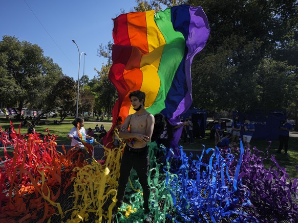 Axel poses for photo standing over subway air vents backdropped by a rainbow banner during a picnic organized by the Integration and Homosexual Liberation movement to mark Valentine