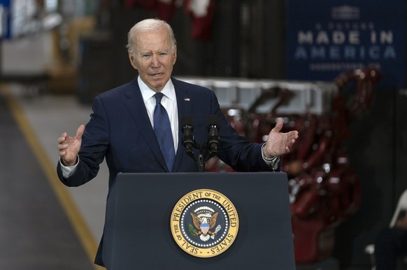 President Joe Biden speaks at the Volvo Group Powertrain Operations facility in Hagerstown, Md., Friday, Oct. 7, 2022. (AP Photo/Julio Cortez)