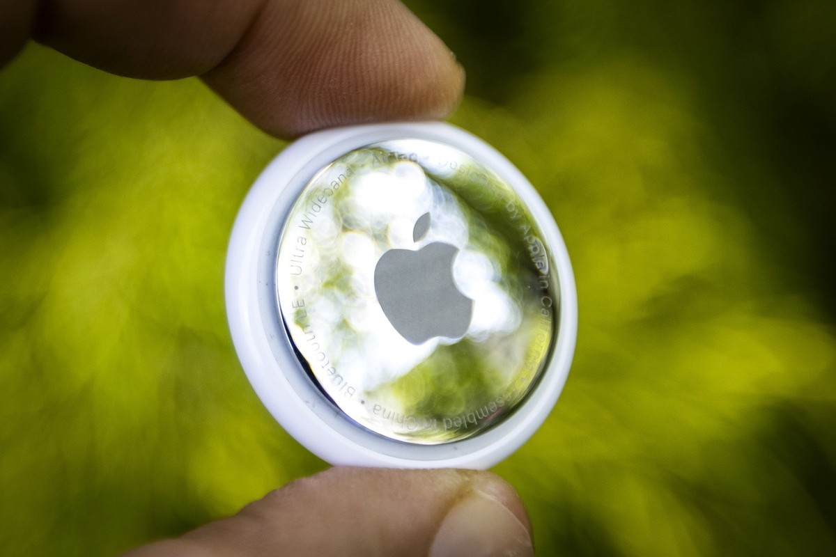 An Apple AirTag, designed to track and find personal belongings, in Washington, DC, USA, 04 May 2021. Apple hopes the newly-released device can challenge tracking-rivals Tile and the Samsung Galaxy Sm ...