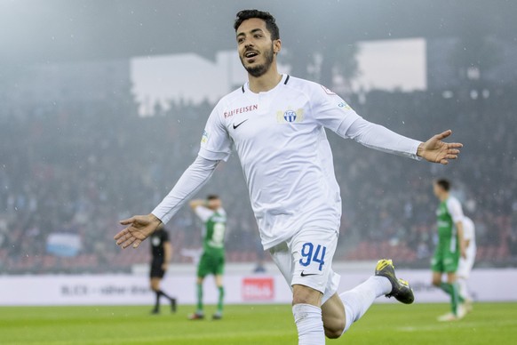 Zuerichs Salim Khelifi feiert das 1:1 im Fussball Meisterschaftsspiel der Super League zwischen dem FC Zuerich und dem FC St. Gallen im Letzigrund, am Samstag, 25. Mai 2019, in Zuerich. (KEYSTONE/Chri ...