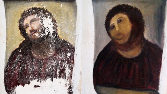 This combination of two undated handout photos made available by the Centro de estudios Borjanos shows the 20th century Ecce Homo-style fresco of Christ before (left) and after (right) an elderly amat ...