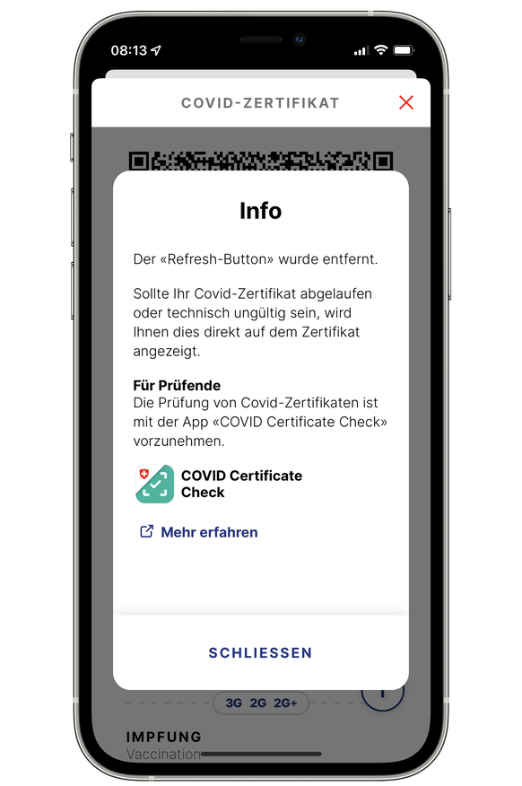 Nach dem jüngsten App-Update müssen Zertifikats-Kontrolleure zur separaten Prüf-App greifen, um herauszufinden, ob ein vorgewiesenes Zertifikat gültig ist.