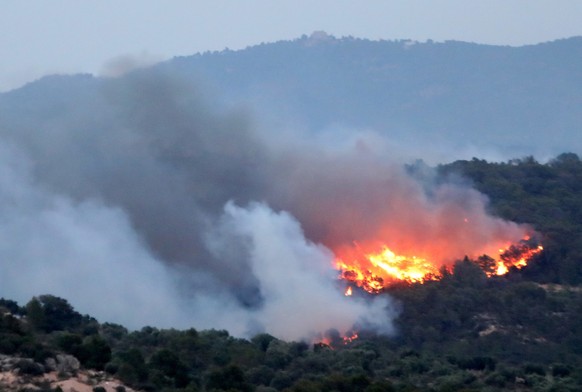 epa07676348 A general view of a forest fire burning in the municipality of Ribera d&#039;Ebre, in Tarragona, Catalonia, northeastern Spain, 26 June 2019 (issued 27 June 2019). The forest fire, which s ...