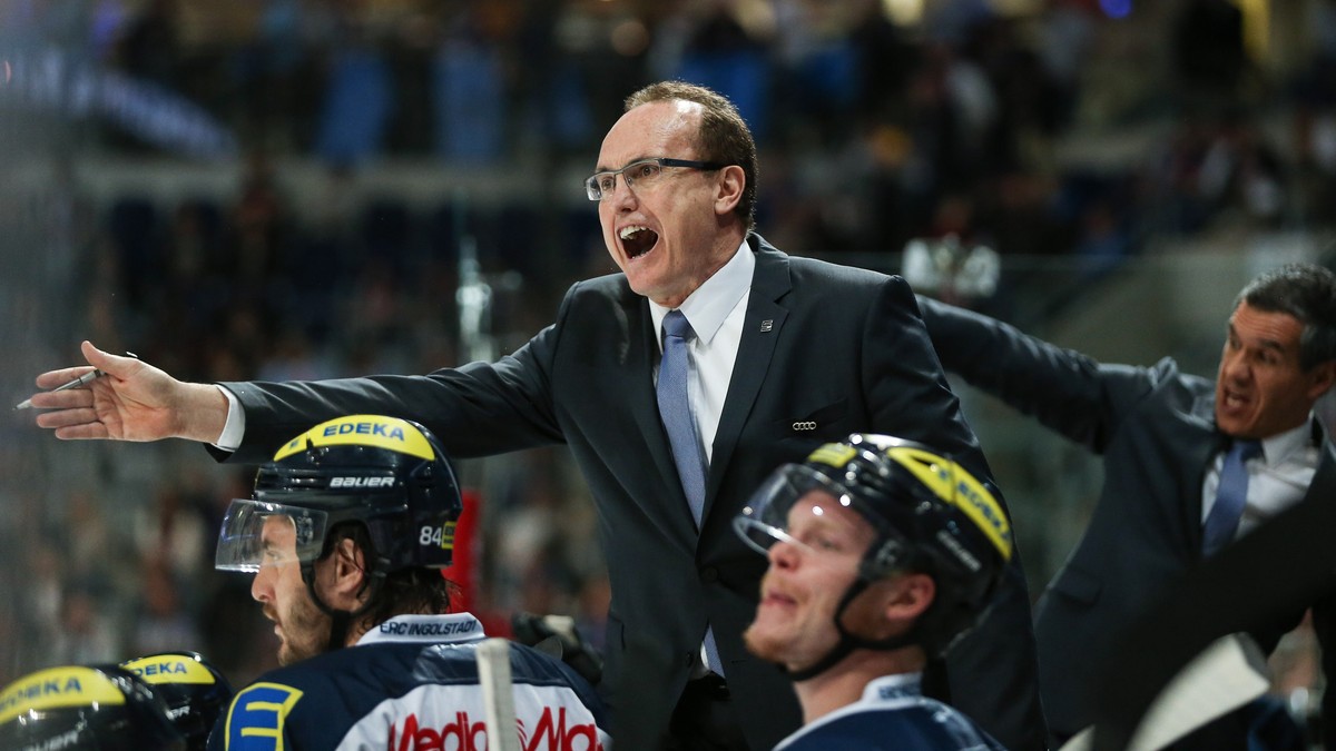 MANNHEIM, GERMANY - APRIL 10: Head coach Larry Huras of Ingolstadt reacts during the DEL Play-offs Final Game 1 between Adler Mannheim and ERC Ingolstadt at SAP Arena on April 10, 2015 in Mannheim, Ge ...