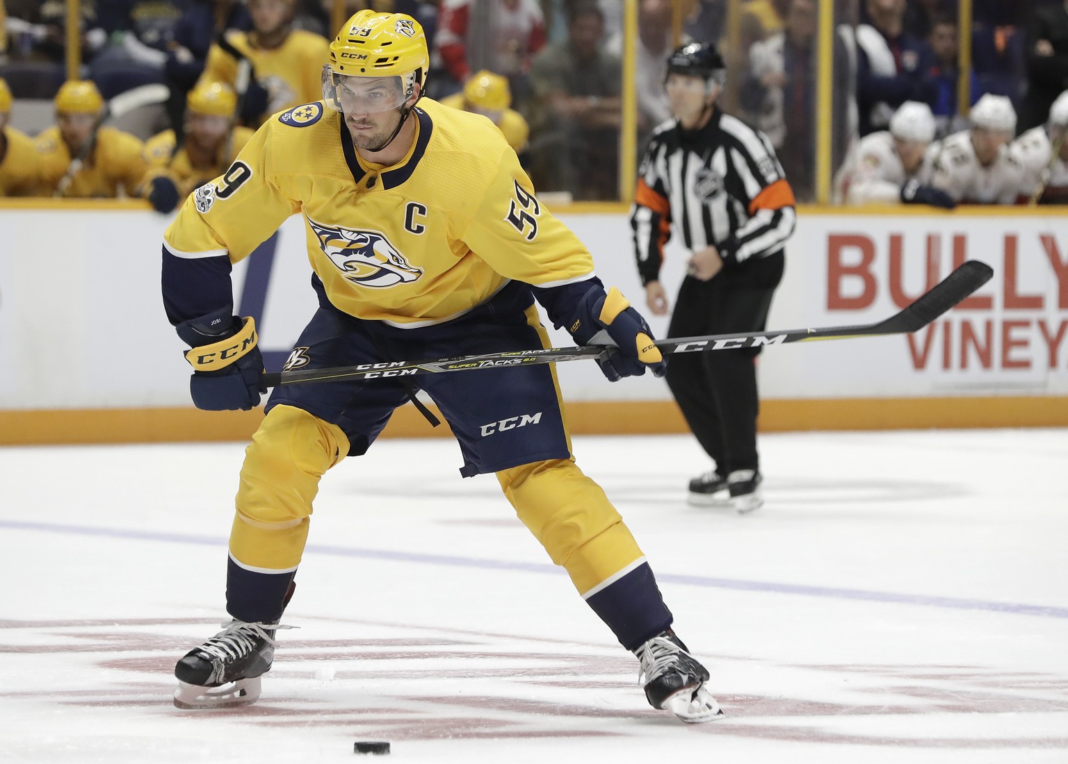 Nashville Predators defenseman Roman Josi, of Switzerland, winds up to shoot against the Florida Panthers during the second period of the second game in an NHL hockey preseason doubleheader Tuesday, S ...