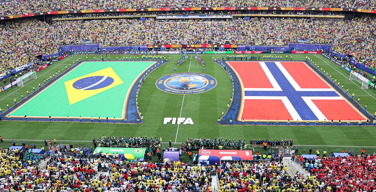July 5, 2026, Rutherford, New Jersey, USA: The pregame ceremony took place before the July 5th FIFA World Cup, WM, Weltmeisterschaft, Fussball 2026 matchup between Brazil and Norway at MetLife Stadium ...