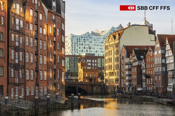 Nikolaifleet canal near Elbphilharmonie Hamburg building in Germany