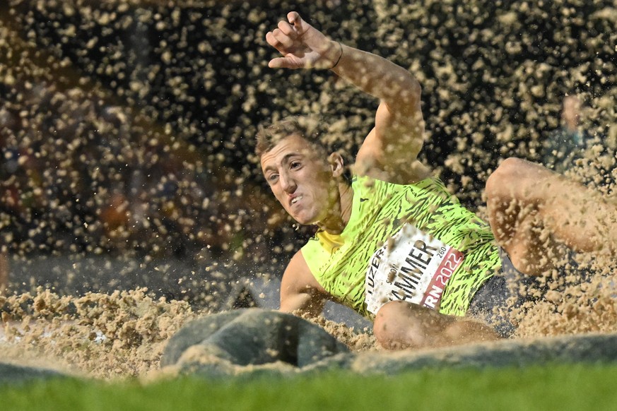 Winner Simon Ehammer from Switzerland in action at the Long Jump at the International Athletics Meeting in Lucerne, Switzerland, on Tuesday, August 30, 2022. (KEYSTONE/Gian Ehrenzeller)