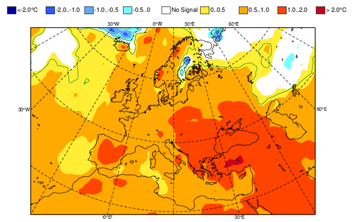 bweichung der Temperatur gegenüber dem langjährigen Mittel in Europa für die Monate Juni, Juli und August 2024. (ECMWF)