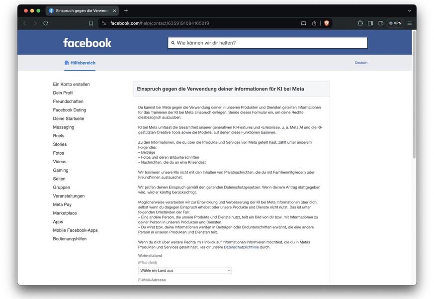 Facebook-Seite zum KI-Widerspruchsrecht.