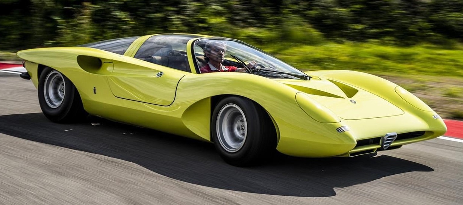 Alfa Romeo 33/2 Coupé Speciale, 1969: Designed by Leonardo Fioravanti for Pininfarina. Often overshadowed by the Carabo, this "fluorescent yellow" masterpiece features dramatic butterfly doo ...