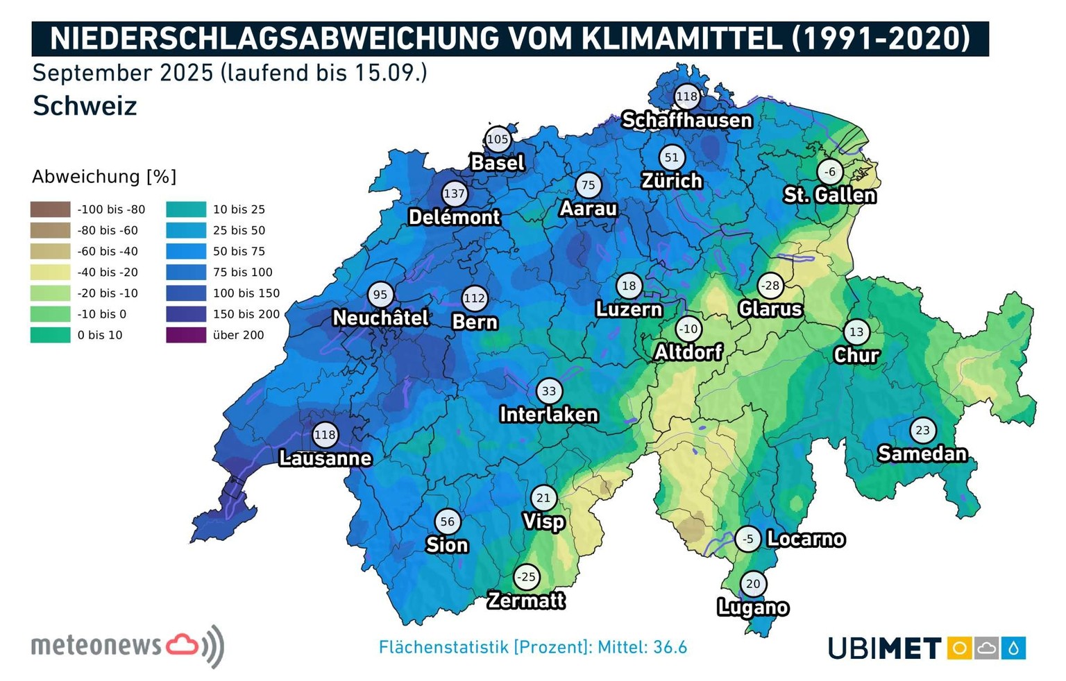 Niederschlagsmengen in der ersten Septemberhälfte 2025.