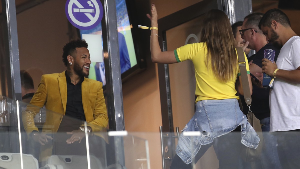 Brazil's soccer player Neymar, left, is seen before a Copa America semifinal soccer match between Brazil and Argentina at the Mineirao stadium in Belo Horizonte, Brazil, Tuesday, July 2, 2019. (A ...