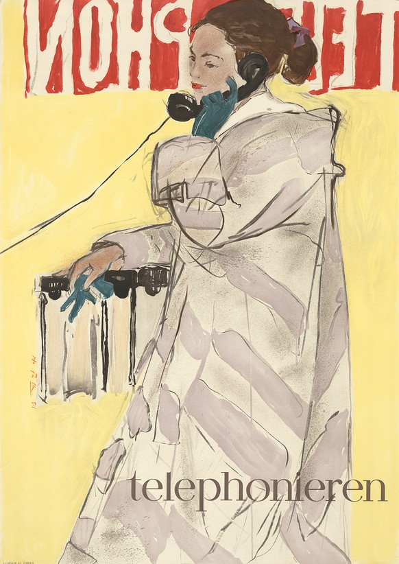 Werbeplakat von Hans Falk aus dem Jahr 1951. Eine Dame telefoniert in der Telefonkabine und stützt sich auf das Pult mit den Telefonbüchern. Diese Plakate wurden teilweise direkt an Eisen-Glas-Telefonkabinen angebracht.