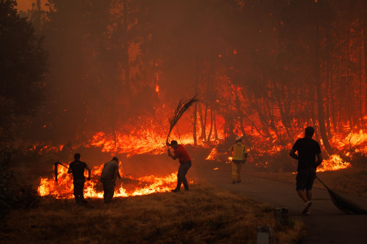 epaselect epa12296414 Firefighters battle a forest fire near Paredes, Vila Real, Portugal, 12 August 2025. Hundreds of personnel were engaged in fighting the three most serious fires in the region, wh ...