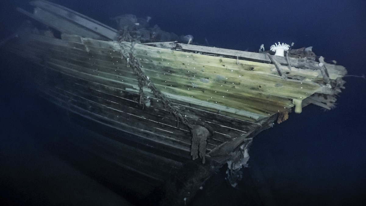 In this photo issued by Falklands Maritime Heritage Trust, a view of the bow of the wreck of Endurance, polar explorer's Ernest Shackleton's ship. Scientists say they have found the sunken w ...