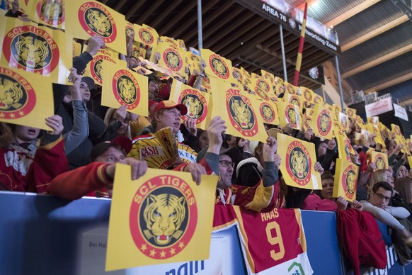 Faire Fans zeigen ihr Gesicht, waehrend dem Meisterschaftsspiel der National League zwischen den SCL Tigers und dem SC Bern, am Samstag 14. Oktober 2017, in der Ilfishalle in Langnau. (KEYSTONE/Marcel ...