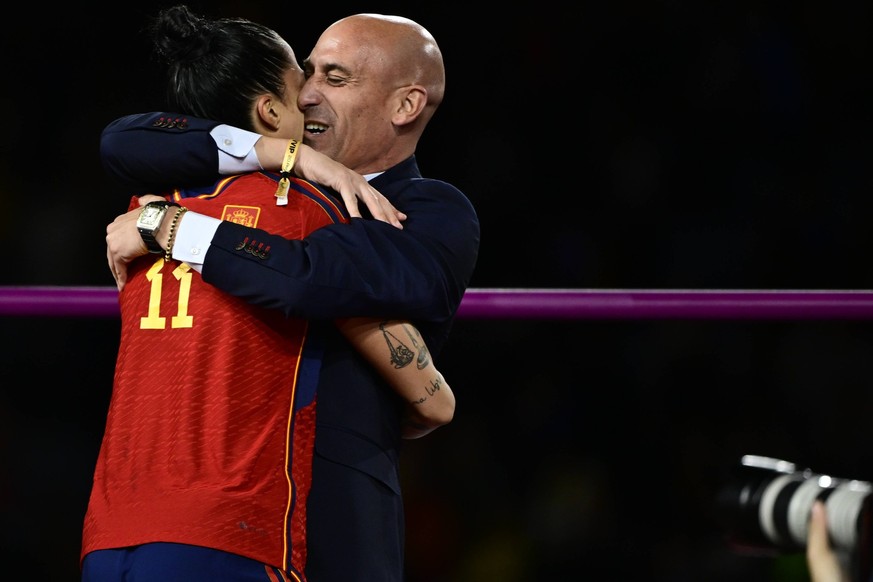 Sydney, Australia, August 20th 2023: Spanish Football Federation RFEF President Luis Rubiales kisses Jenni Hermoso after Spain win the FIFA Womens World Cup 2023 final football match between Spain and ...