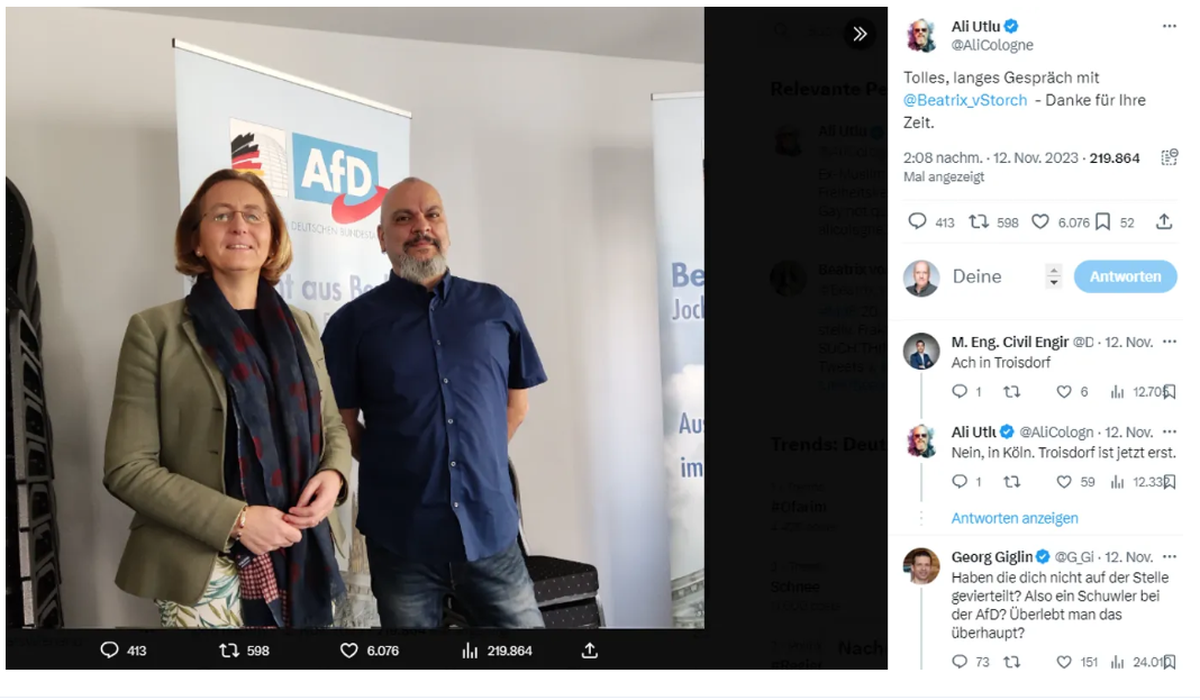 «Tolles, langes Gespräch»: Nach dem Treffen mit AfD-Politikerin Beatrix von Storch in Köln kündigte Ali Utlu seinen Mitgliedsantrag an.