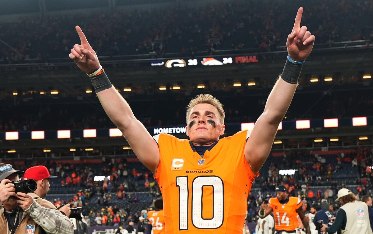Denver Broncos' Bo Nix celebrates after an NFL football game against the Green Bay Packers Sunday, Dec. 14, 2025, in Denver. (AP Photo/Jack Dempsey)
Packers Broncos Football