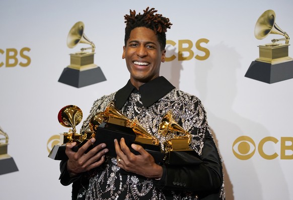 Jon Batiste, winner of the awards for best American roots performance for &quot;Cry,&quot; best American roots song for &quot;Cry,&quot; best music video for &quot;Freedom,&quot; best score soundtrack ...