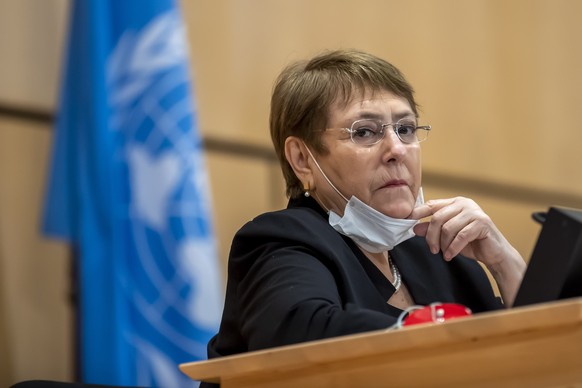 High Commissioner for Human Rights Michelle Bachelet attends a meeting of the Human Rights Council of the United Nations in Geneva, Switzerland, Wednesday, June 17, 2020 during an urgent debate on cur ...